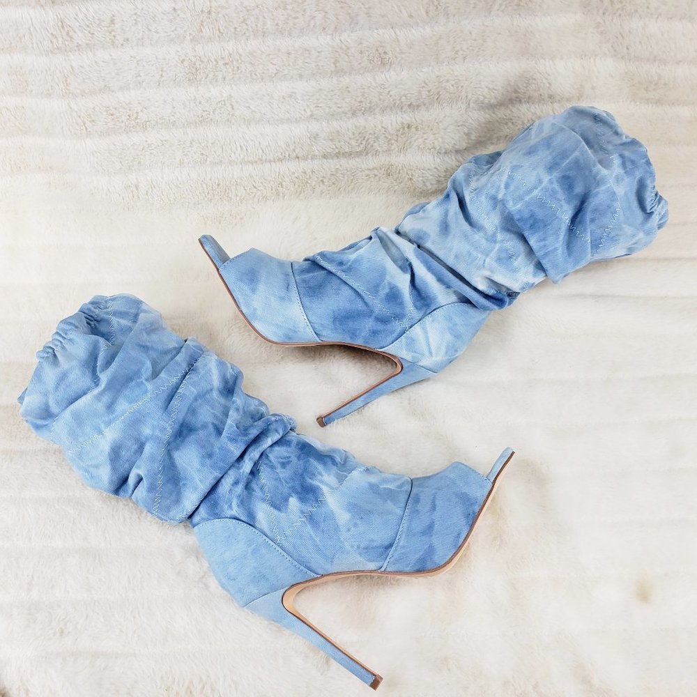 Mineral Wash Denim Square toe Scrunch Slouch Mid Calf Pull On Heeled boots - Picture 10 of 15